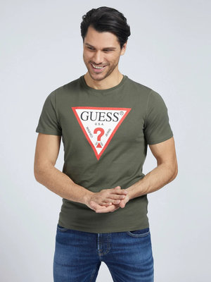 Logo tričko – Guess, Khaki barva Muži