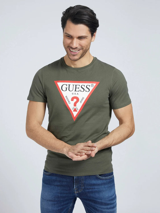 Logo tričko – Guess, Khaki barva Muži