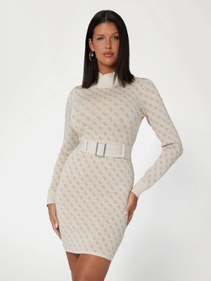 GUESS – Lise 4G Belted šaty, Krémová barva