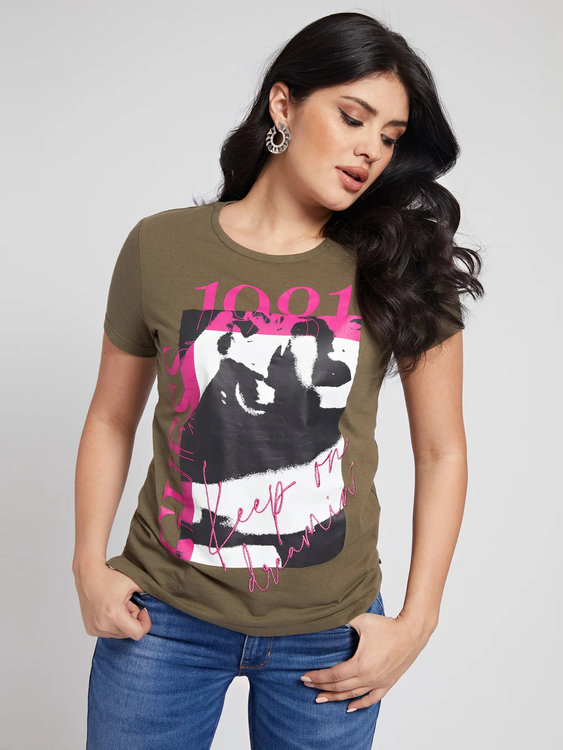 Guess – Printed triko, Khaki barva