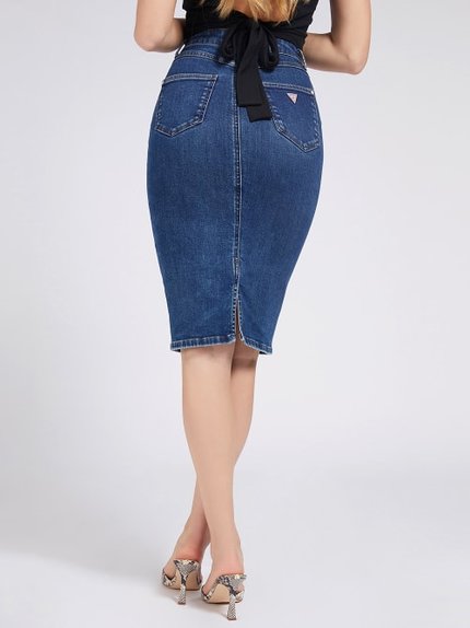 Módní Longuette Denim sukně, Modrá barva, 2021