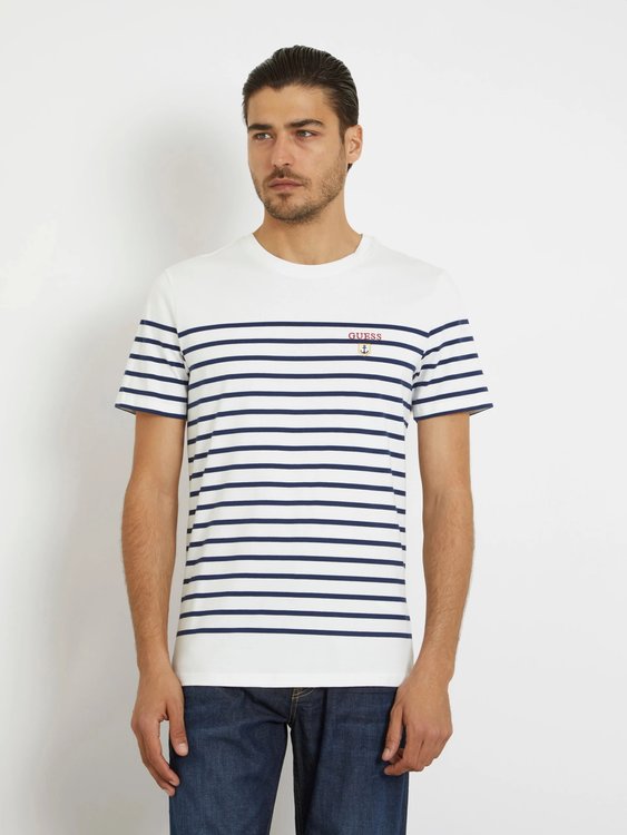 GUESS – All Over Stripes triko, Bílá, Multi barva