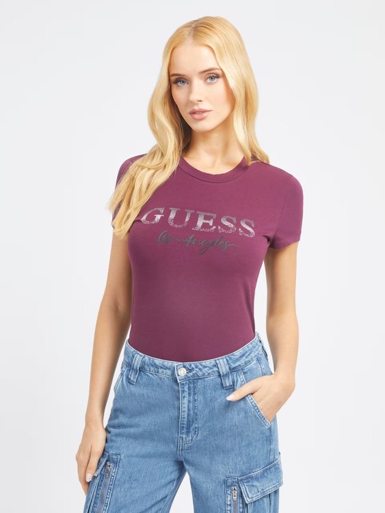 GUESS – Logo Micro Studs triko, Fialová, Vínová barva