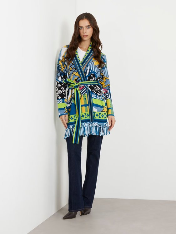 Luxusní Multi-color Jacquard Motif kardigan, Multi barva, XS, S, M