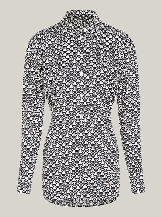 Modern Scallop Print košile Bílá, Modrá barva Ženy