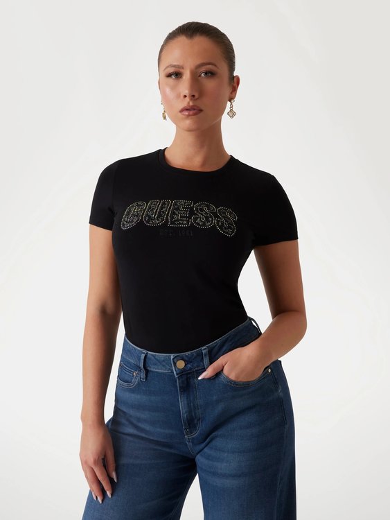 GUESS – Logo Lace triko, Černá barva