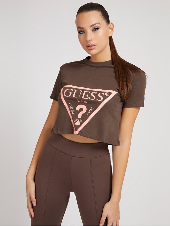 Guess – Adele crop triko, Hnědá barva