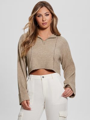 GUESS – Rib Half Zip svetr, Hnědá barva