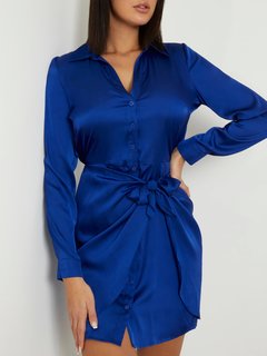 Luxusní Satin Chemisier šaty, Modrá barva, XS, S, M