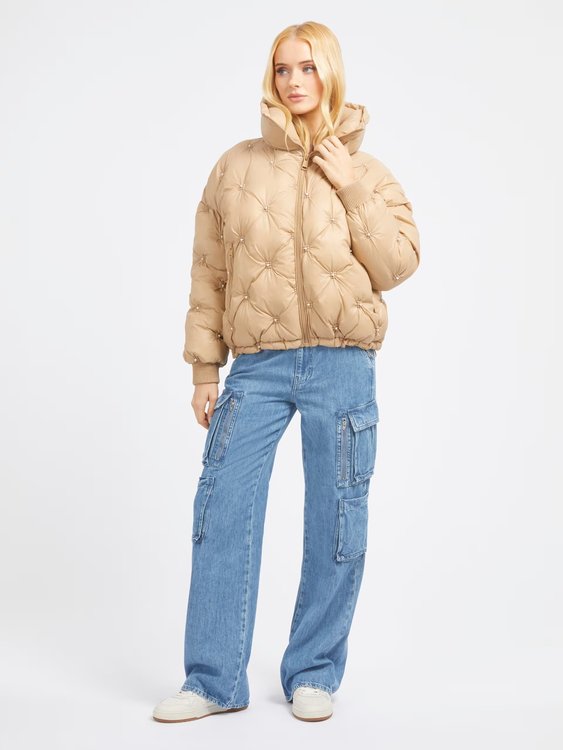 Luxusní Perla Embellished bunda, Hnědá barva, XS, S, M, L