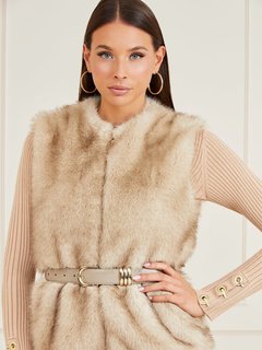 Luxusní Honey Faux Fur vesta, Béžová barva, XS, S, M, L
