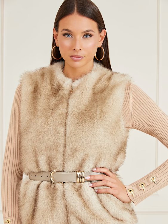 Luxusní Honey Faux Fur vesta, Béžová barva, XS, S, M, L
