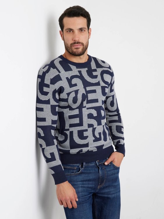 GUESS – Denny Allover Logo svetr, Modrá, Multi barva