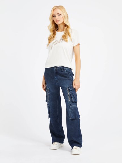 Módní Guess Lace Logo triko, Bílá barva, 2024