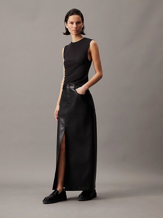 Luxusní Faux Leather Maxi sukně, Černá barva, XS, S, M, L