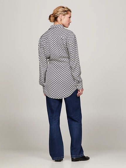 Módní Modern Scallop Print košile, Bílá, Modrá barva, 2024