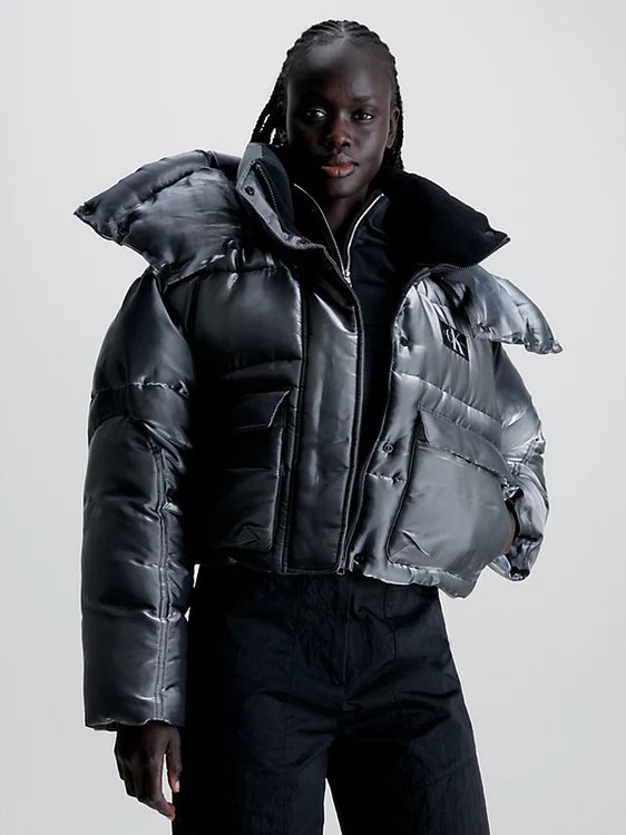 Calvin Klein Jeans – Liquid Metal bunda, Černá, Stříbrná barva