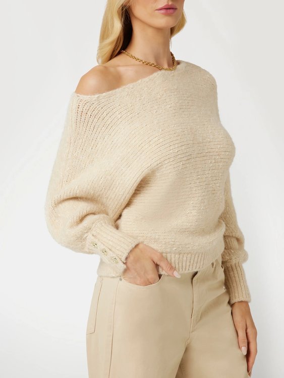 Luxusní Off-shoulder wool svetr, Krémová barva, XS, S, M