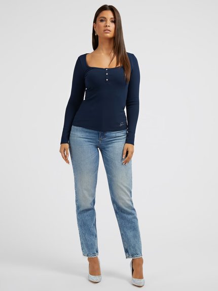 Módní Mom jeany, Modrá barva, 2023