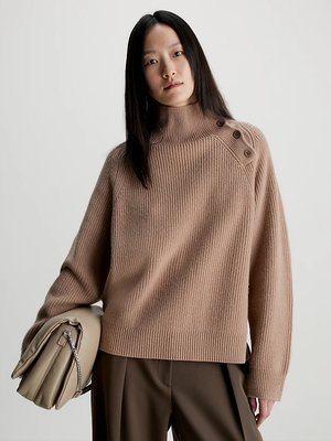 Calvin Klein – Recycled Wool Button svetr, Hnědá barva