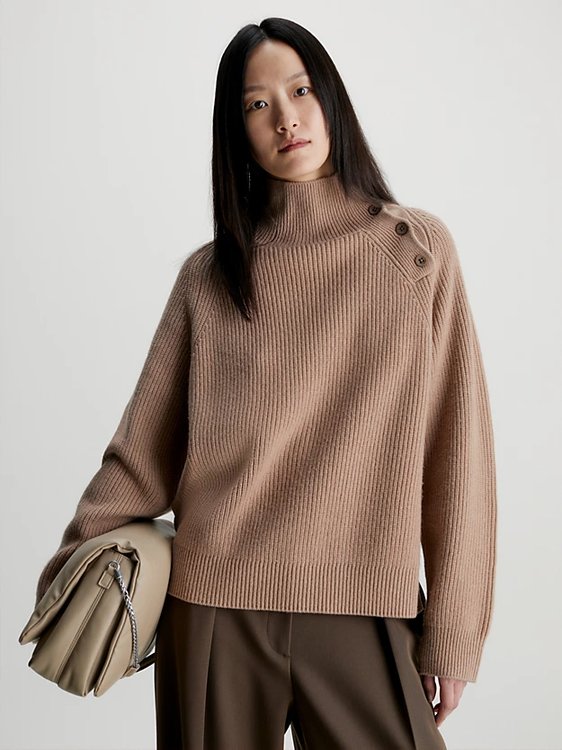 Calvin Klein – Recycled Wool Button svetr, Hnědá barva