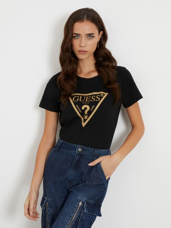 GUESS – Triangle Logo Stretch triko, Černá barva