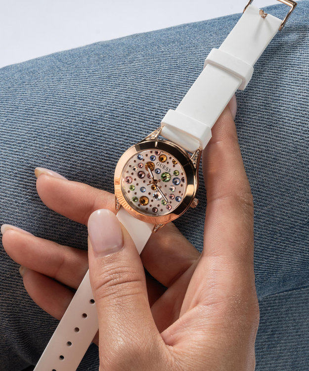 GUESS, Bílá, Růžové zlato barva Mini Wonderlust hodinky