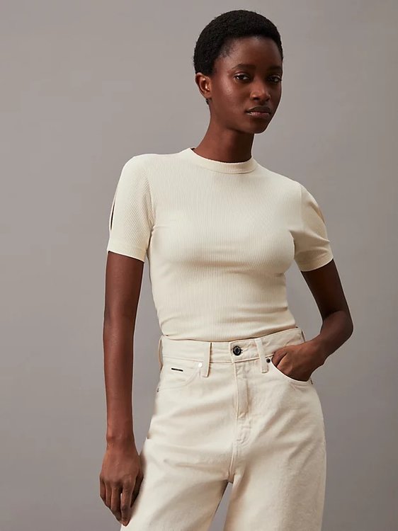Calvin Klein – Modal Rib Slit Detail triko, Béžová, Krémová barva