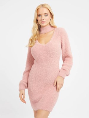 GUESS – Fuzzy sweater mini šaty, Růžová barva