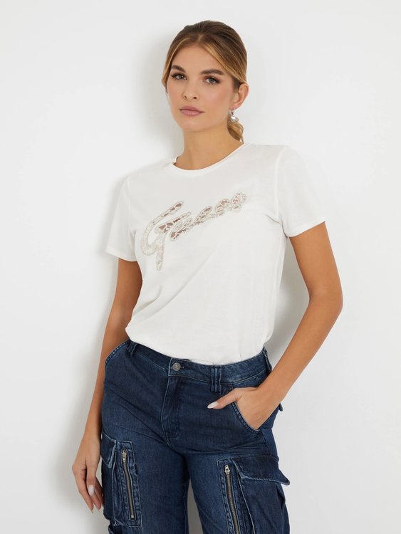 GUESS – Guess Lace Logo triko, Bílá barva