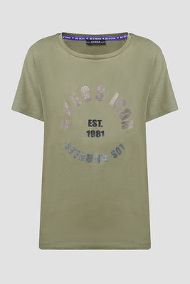 Guess – Rhinestone Logo triko, Khaki barva