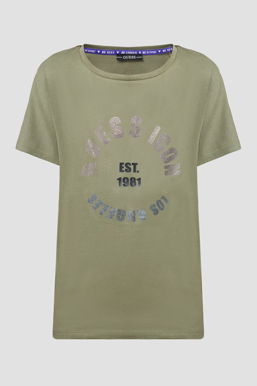 Guess – Rhinestone Logo triko, Khaki barva