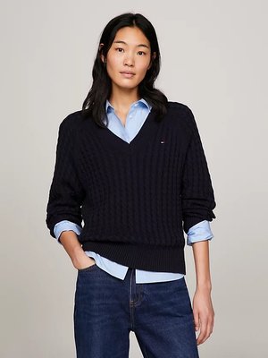Tommy Hilfiger – Cable V svetr, Modrá barva