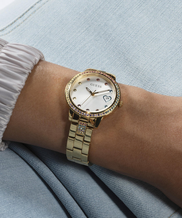 GUESS, Zlatá barva Three Of Hearts hodinky