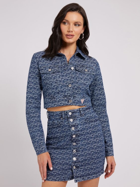 Guess – Cube crop denim bunda, Modrá barva