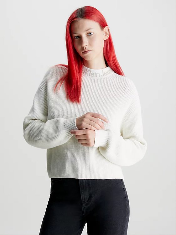 Calvin Klein Jeans – Intarsia Loose svetr, Bílá barva