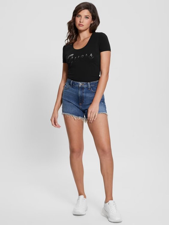 Módní Guess Shiny triko, Černá barva, 2023