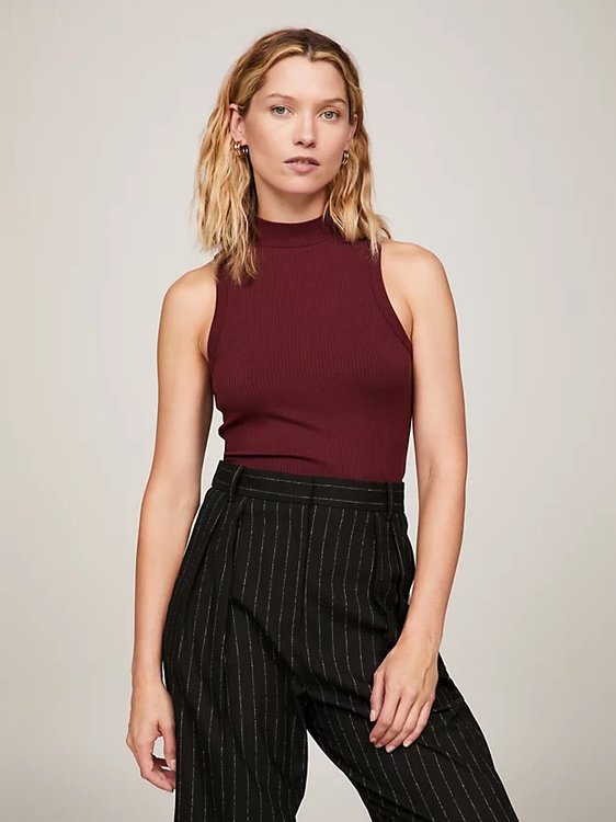 Tommy Hilfiger – Slim Mock triko, Červená, Vínová barva