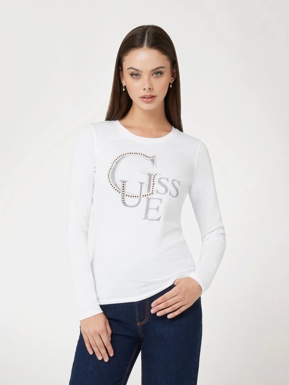 GUESS – Studded Logo triko, Bílá barva
