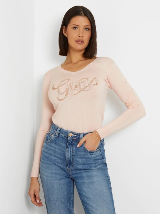 GUESS – Myla Logo svetr, Růžová barva