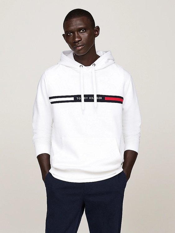 Tommy Hilfiger – Chest Logo Drawstring mikina, Bílá barva