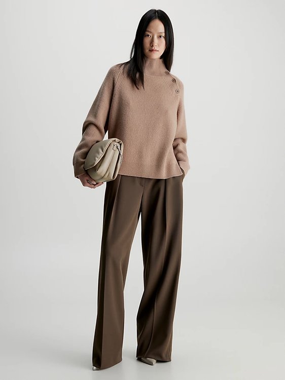 Módní Recycled Wool Button svetr, Hnědá barva, 2023