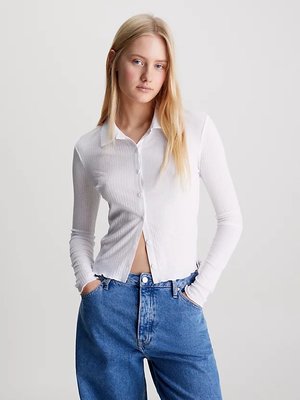 Calvin Klein Jeans – Sheer Ribbed triko, Bílá barva
