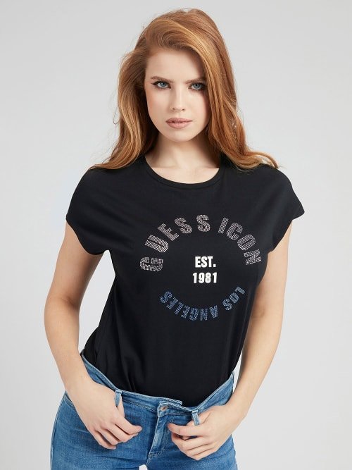 Guess – Rhinestone Logo triko, Černá barva