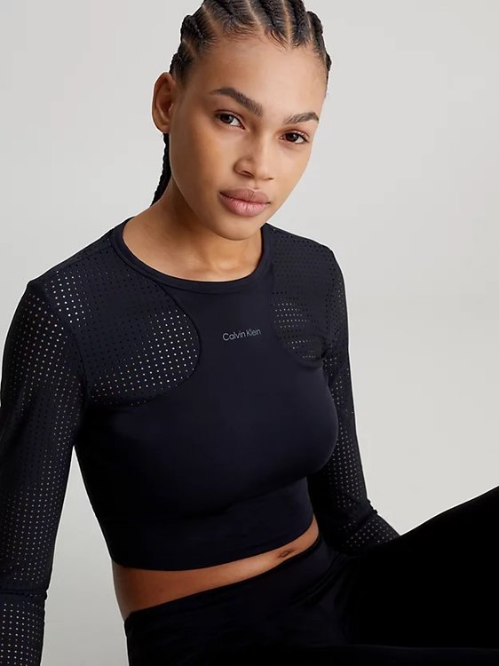 Módní Long Sleeve Cropped Gym triko, Černá barva, 2024