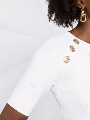 Módní Crop monogram svetr, Bílá barva, 2022