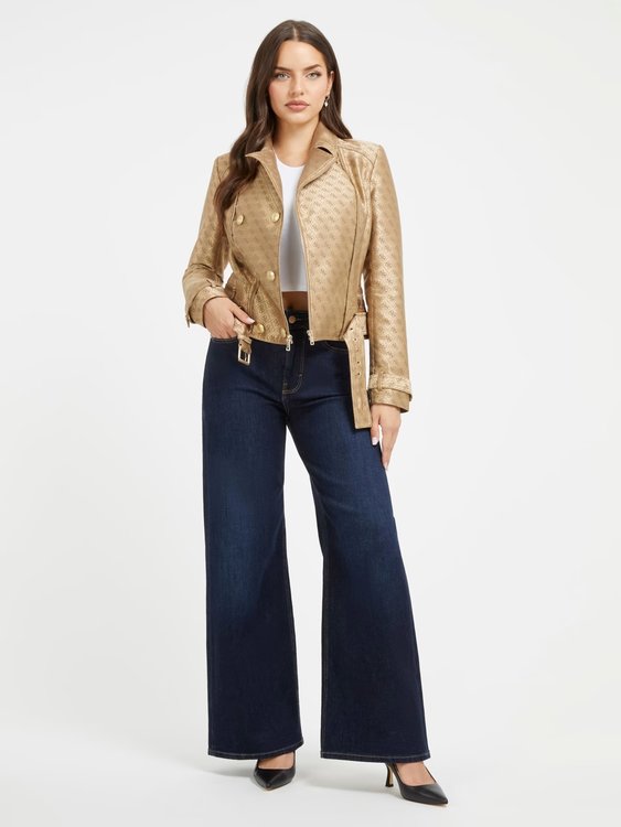 Módní Olivia Moto bunda, Hnědá, Zlatá barva, 2023