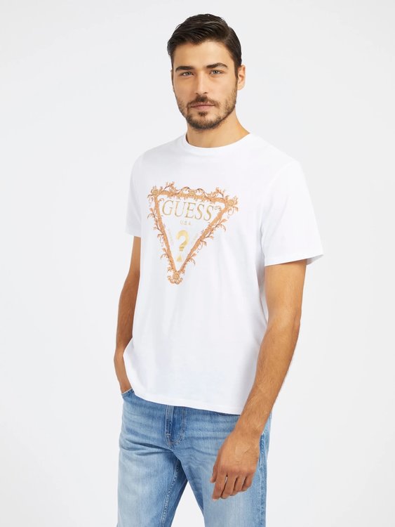 GUESS – Triangle Logo triko, Bílá barva