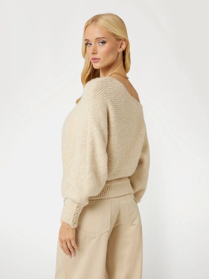 Módní Off-shoulder wool svetr, Krémová barva, 2024