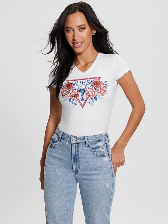 GUESS – Roses Triangle triko, Bílá barva